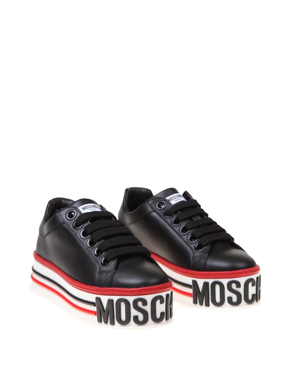 Moschino Black Leather Platform Sneakers with Red and White Stripe Sole